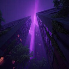 Purple Beam Between Buildings at Night