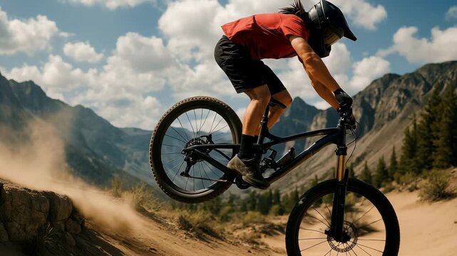 Dynamic low-angle shot of a mountain biker mid-air on a rugged trail, capturing the thrill and energy of extreme sports in a cinematic video style.