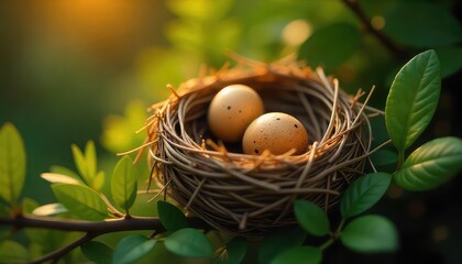 Fototapeta premium A close up of a bird nest with two eggs resting inside surrounded by green leaves in a tree branch