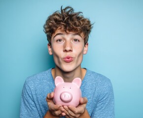 A young man displays a pink piggy bank, displaying a playful expression against a light blue backdrop.