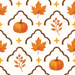 Vintage seamless pattern autumn vibes leaf and pumpkin harvest. 