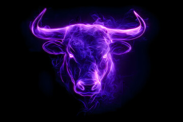 Purple neon bull head on black background