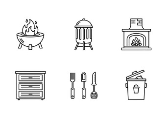Collection of line art icons featuring a grill, smoker, fireplace, drawers, utensils, and trash can