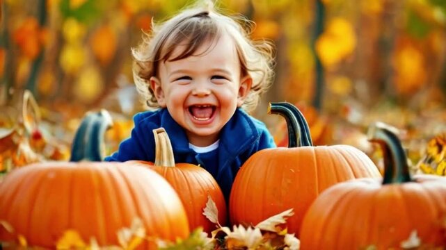 Happy child in a pumpkin patch in autumn. Halloween seasonal fall. Laughing toddler in October. Smiling kid..
