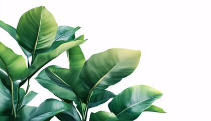 The image shows a close-up view of several large, vibrant green leaves, possibly from a tropical plant, set against a plain white backdrop.