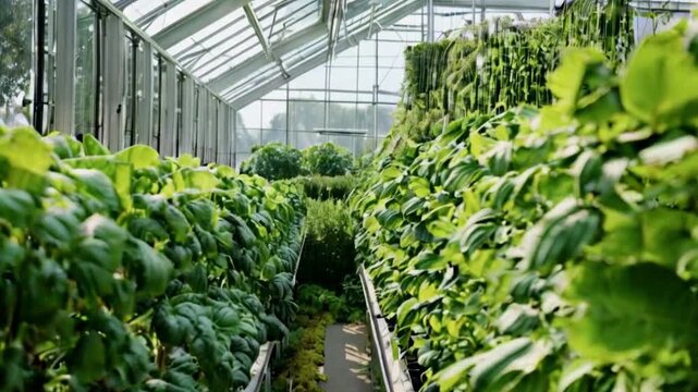 High-tech agriculture lush greenery in contemporary greenhouse.
