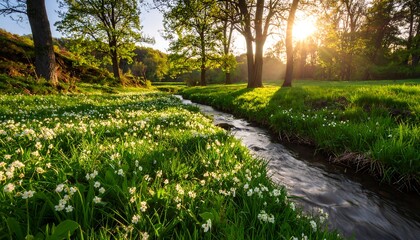 Sunny stream through a meadow of wildflowers
