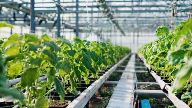 High-tech greenhouse farming thriving crops in advanced setup.