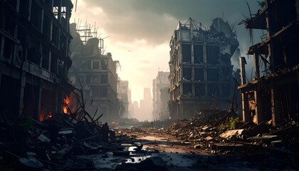 Desolate city street after a catastrophe