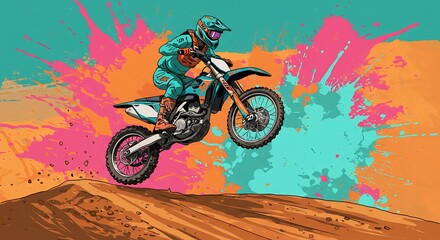 Motocross Rider Soaring High with Leaping in MidAir on Colorful Background.