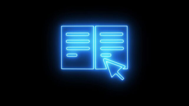 Glowing neon online book icon animation on black background. Internet education concept, e-learning resources, and distant online courses. 4k video