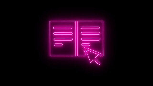 Glowing neon online book icon animation on black background. Internet education concept, e-learning resources, and distant online courses. 4k video
