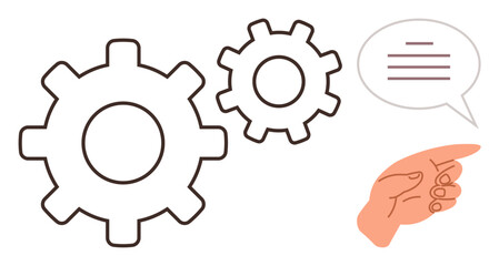 Hand pointing at two interlocking gears with speech bubble suggesting collaboration, problem-solving, and communication. Ideal for teamwork, strategy, efficiency, workflow, innovation, guidance