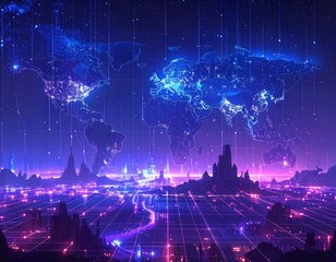Futuristic world map with digital cityscape