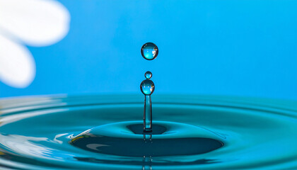 Captivating Water Droplet: A pristine water droplet hangs suspended above the rippling surface, forming a moment of liquid art. A mesmerizing study of water's essence.