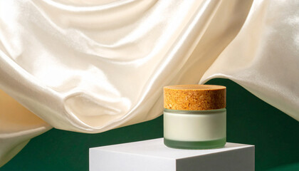 Elegance in Essence: A product presentation featuring a small, stylish jar, crowned with a cork lid, set against a backdrop of flowing fabric and a minimalist platform.
