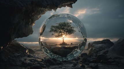 Tree inside sphere with rocky landscape