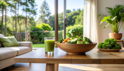 A bowl of fresh vegetarian food and a glass of green juice sit on a wooden table. The scene captures a healthy, natural lifestyle with a cozy living room and lush greenery outside.