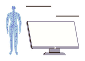 Human nervous system diagram paired with a blank computer screen suggesting neural networks and digital interfaces. Ideal for healthcare, technology, AI, education, science, anatomy, innovation