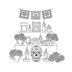A stylized, black and white illustration of an altar for the Day of the Dead, featuring traditional offerings.