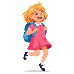 Joyful blonde schoolgirl with blue backpack running in pink dress.