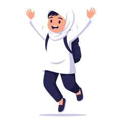 Joyful Muslim Girl Leaping with Backpack White Thobe.