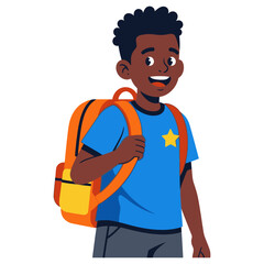 Happy African American Boy with Orange Backpack and Star Patch.