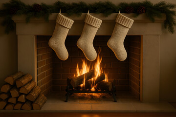 Cozy fireplace scene with three hanging Christmas stockings, warm fire, and festive decorations.