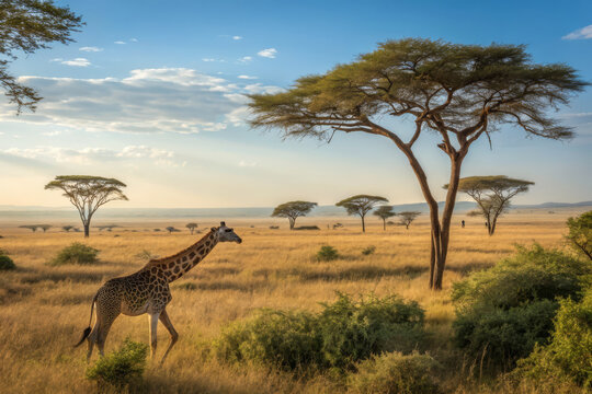 Giraffe grazing tree leaves in wide African wilderness plain under clear blue sky wildlife nature scene - Powered by Adobe
