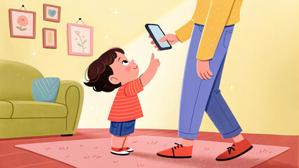A cartoon image of a child pointing at a phone held by an adult for websites and blogs about parenting and screen time