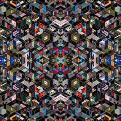 Intricate geometric mosaic pattern featuring overlapping cubes and kaleidoscopic symmetry creating visual depth and