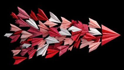 A cluster of paper airplanes in various shades of red and pink, forming a large arrow shape against a black background