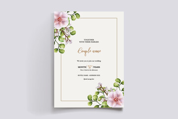 WEDDING INVITATION FRAME WITH FLOWER DECORATIONS AND FRESH LEAVES