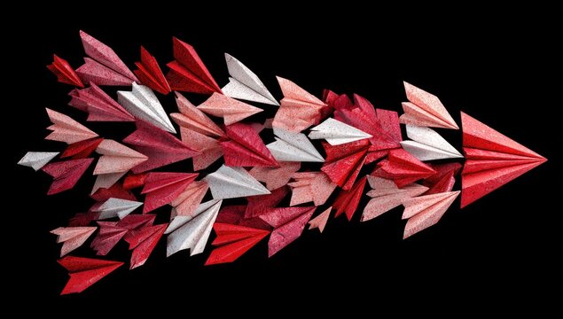 A cluster of paper airplanes in various shades of red and pink, forming a large arrow shape against a black background - Powered by Adobe