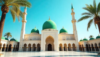A beautiful mosque with green domes and tall minarets under a clear blue sky on a sunny day view