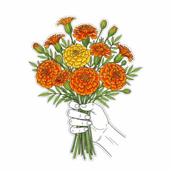 A hand holding a colorful bouquet of vibrant orange and yellow marigold flowers.