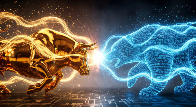 Dynamic clash between a golden bull and a digital bear, representing the stock market's opposing forces. Ideal for finance, investment, and market trend visuals.