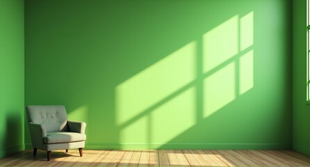A vibrant green room features a single armchair on a wooden floor, bathed in warm sunlight casting distinct window shadows.