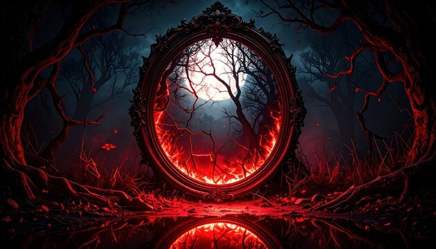 Enchanted Mirror in Dark Forest with Fantasy, Mystery, Gothic, and Moon.