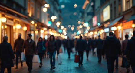 Obraz premium A bustling evening street scene with numerous people walking along a vibrant commercial thoroughfare, illuminated by shop lights.