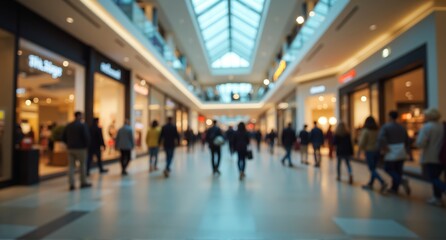Blurred view of a busy indoor shopping center. Many people stroll along a wide aisle lined with various retail storefronts.