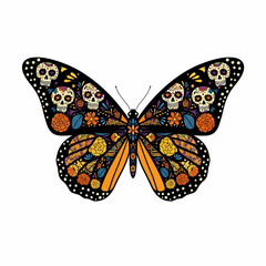 Intricate Monarch butterfly design adorned with sugar skulls and floral patterns.