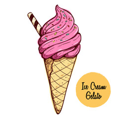 Strawberry Ice Cream with Chocolate Wafer on White Background