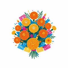 A vibrant Dia de los Muertos bouquet with cempasúchil marigolds, sugar skulls, candles, and papel picado.