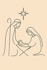 Minimalist line drawing of the Nativity scene with Mary, Joseph, and baby Jesus under a star. © Freelance