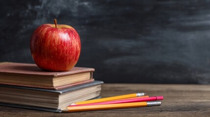 Red apple on stack of books with pencils beside blank green chalkboard symbolizing education, classroom learning, and back to school concept