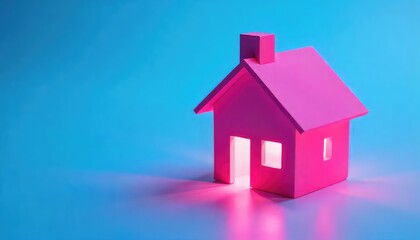 A vibrant pink miniature house with glowing windows against a blue gradient background studio shot