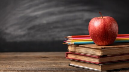 Red apple on stack of books with pencils beside blank green chalkboard symbolizing education, classroom learning, and back to school concept