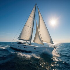 Fototapeta premium Luxury sailboat cutting through sparkling blue water under radiant sun evoking freedom wellness and premium travel lifestyle with timeless maritime elegance