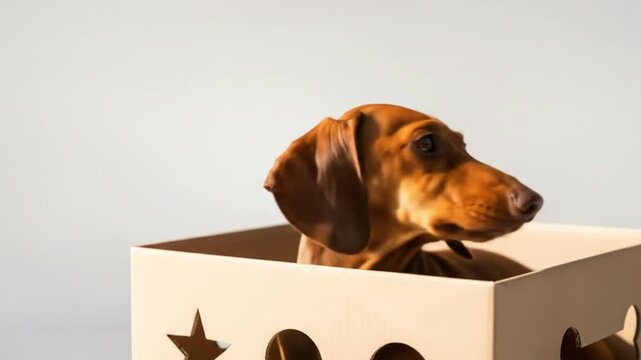 Dachshund dog peeks from box